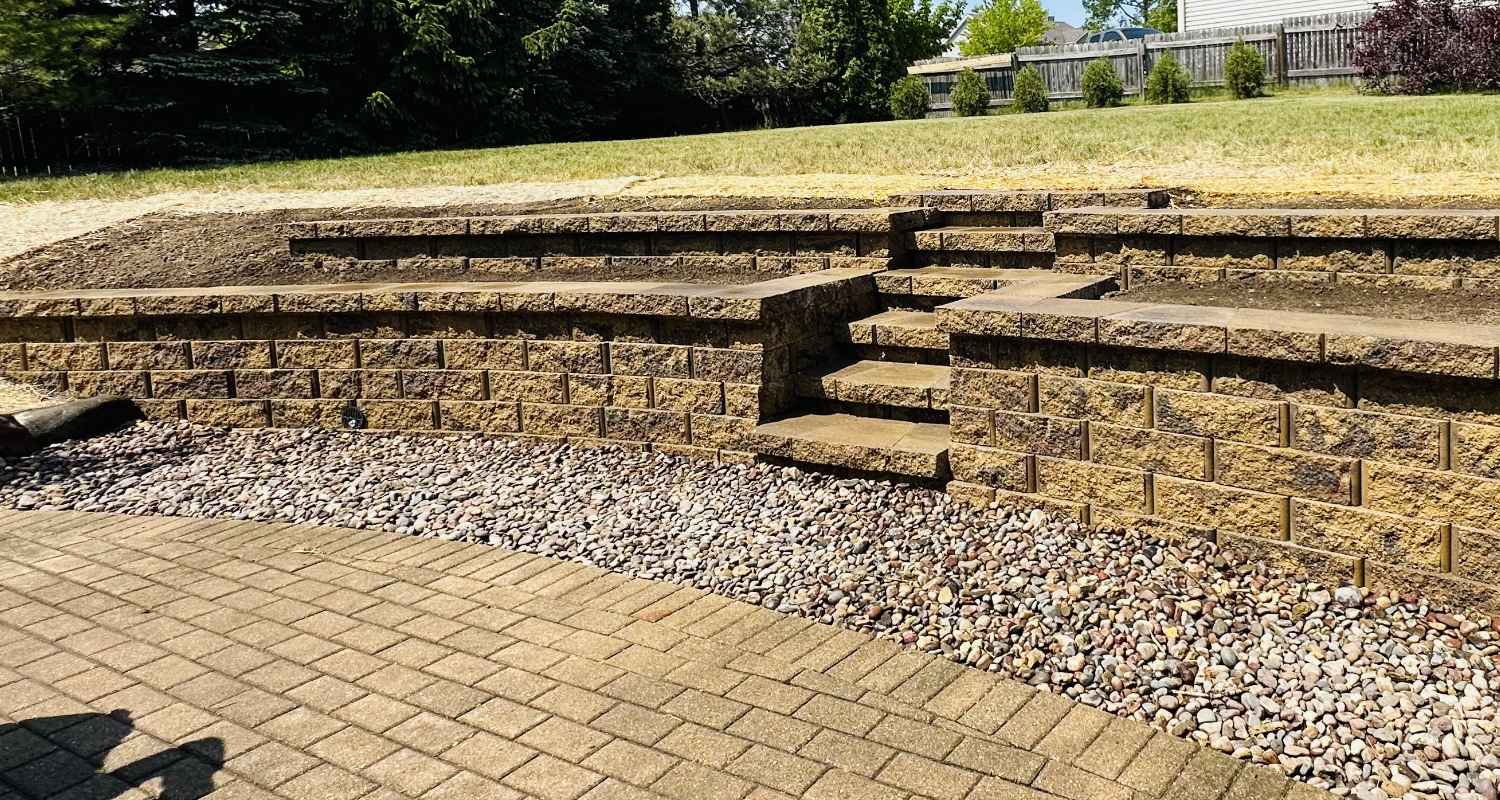 View of finished patio and fireplace.