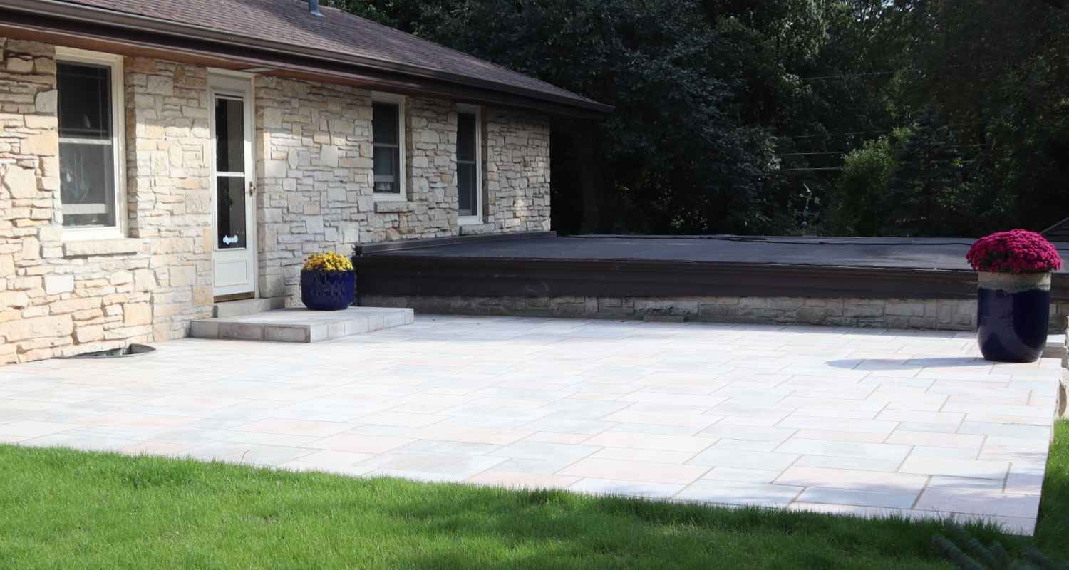 View of finished patio and fireplace.