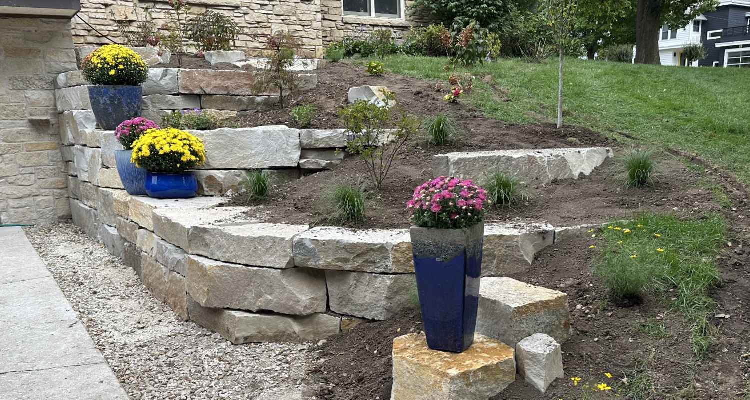View of finished patio and fireplace.