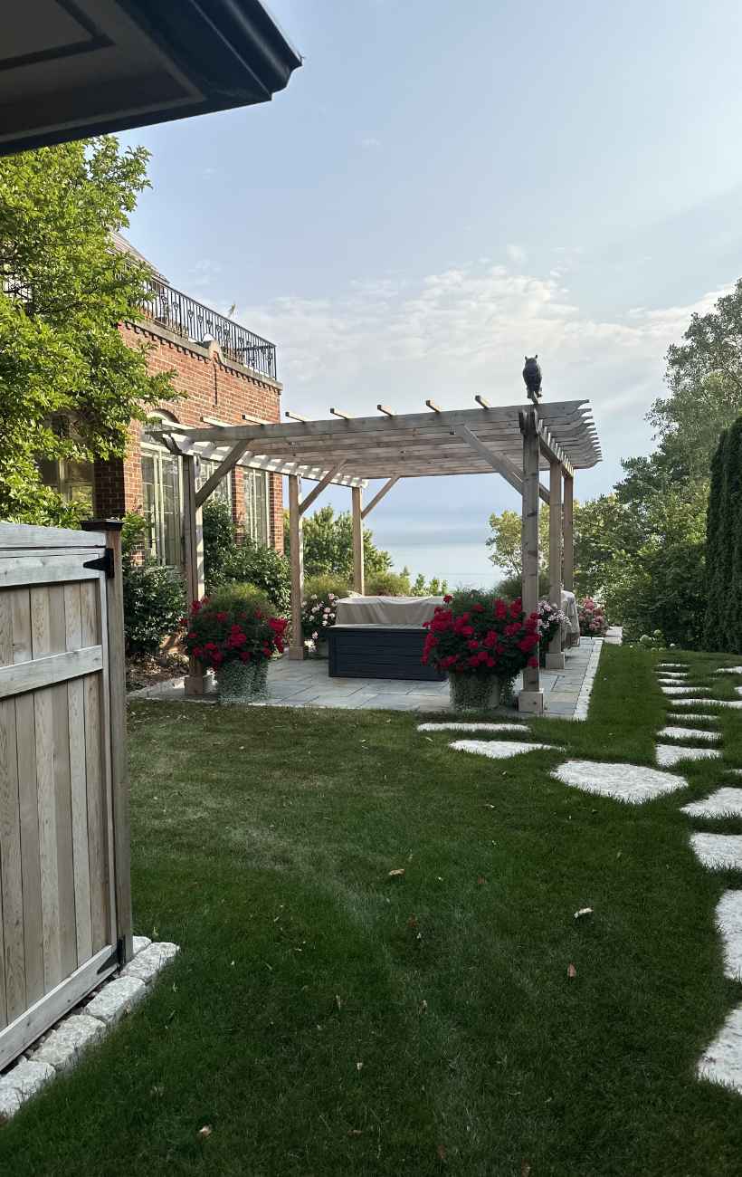 View of finished patio and fireplace.