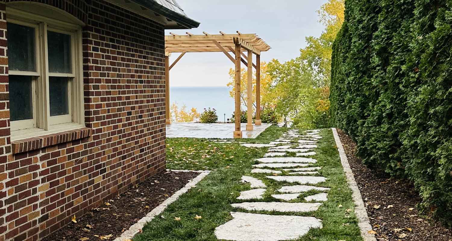 View of finished patio and fireplace.