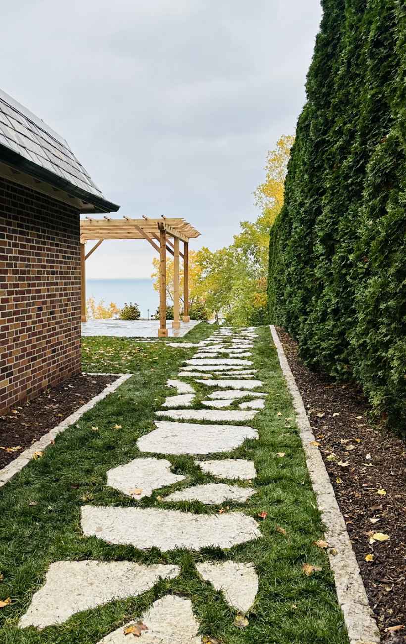 View of finished patio and fireplace.