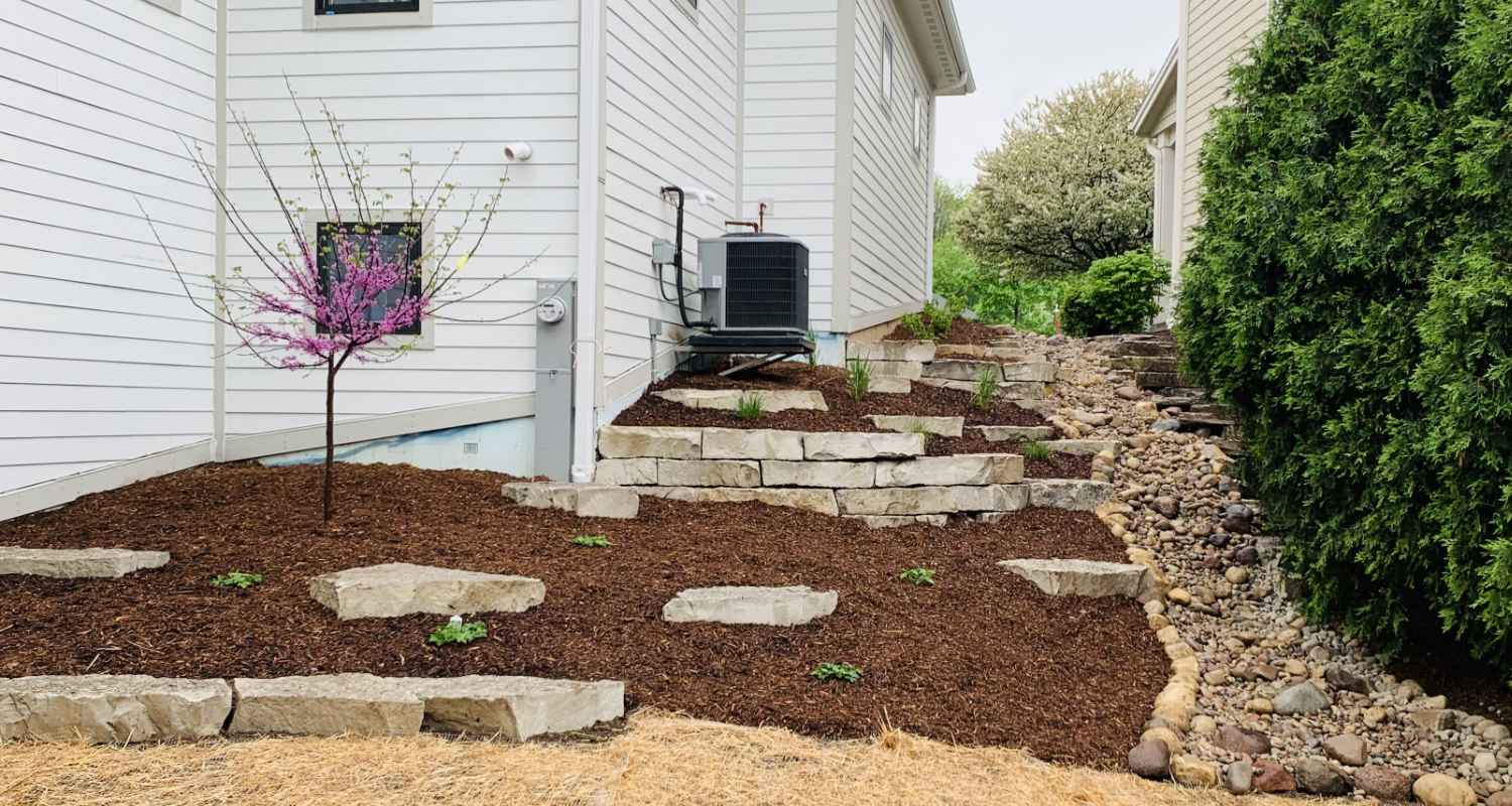 View of finished patio and fireplace.